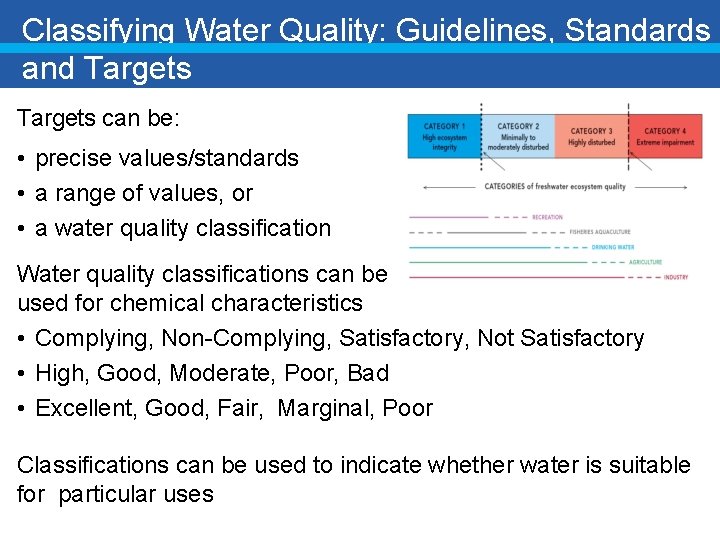 Classifying Water Quality: Guidelines, Standards and Targets can be: • precise values/standards • a