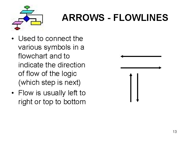 ARROWS - FLOWLINES • Used to connect the various symbols in a flowchart and