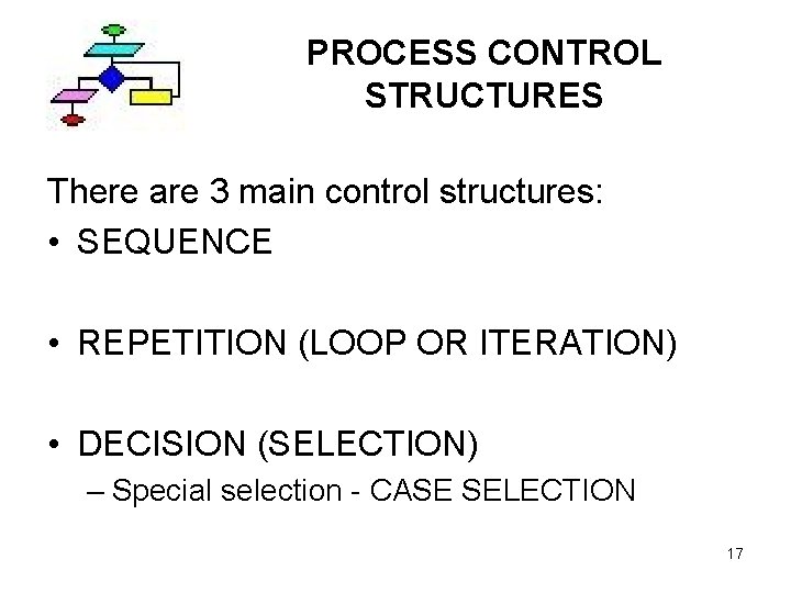 PROCESS CONTROL STRUCTURES There are 3 main control structures: • SEQUENCE • REPETITION (LOOP
