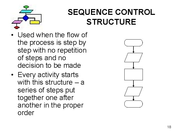 SEQUENCE CONTROL STRUCTURE • Used when the flow of the process is step by