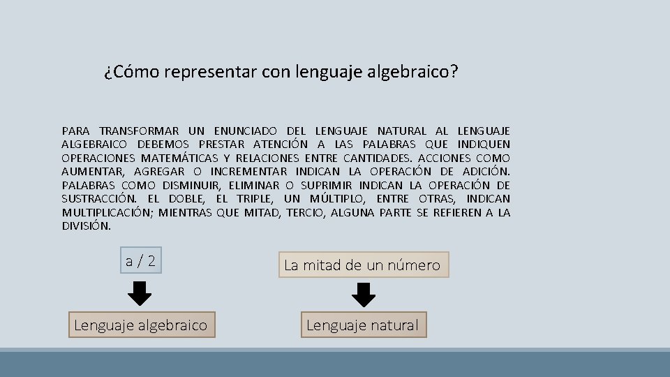 ¿Cómo representar con lenguaje algebraico? PARA TRANSFORMAR UN ENUNCIADO DEL LENGUAJE NATURAL AL LENGUAJE