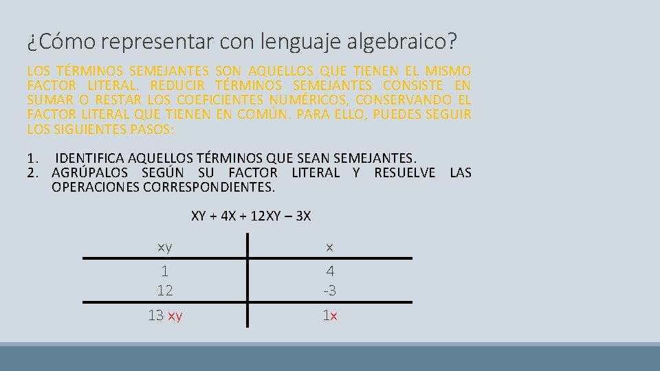 ¿Cómo representar con lenguaje algebraico? LOS TÉRMINOS SEMEJANTES SON AQUELLOS QUE TIENEN EL MISMO