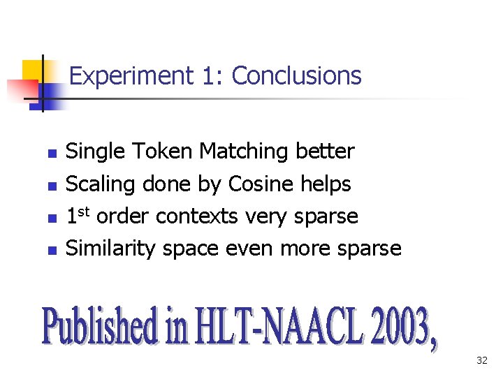 Experiment 1: Conclusions n n Single Token Matching better Scaling done by Cosine helps