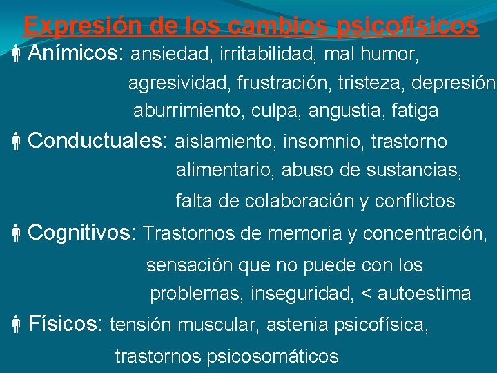 Expresión de los cambios psicofísicos Anímicos: ansiedad, irritabilidad, mal humor, agresividad, frustración, tristeza, depresión