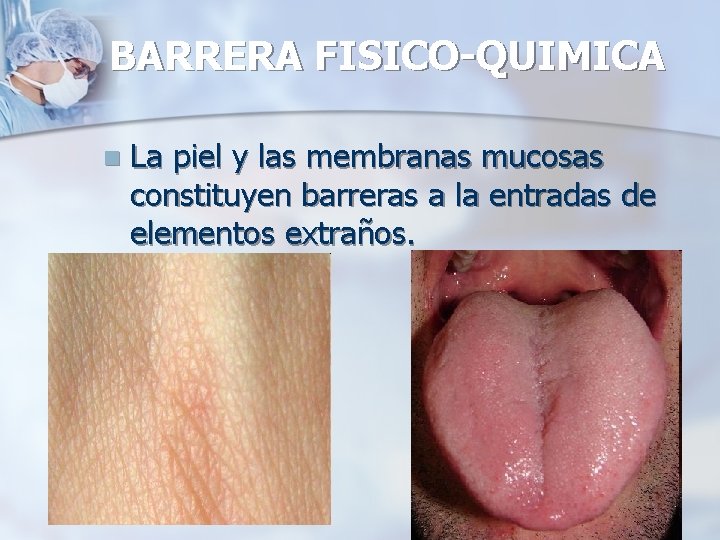 BARRERA FISICO-QUIMICA n La piel y las membranas mucosas constituyen barreras a la entradas