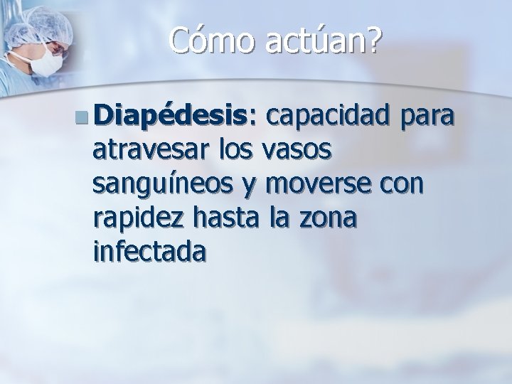 Cómo actúan? n Diapédesis: capacidad para atravesar los vasos sanguíneos y moverse con rapidez