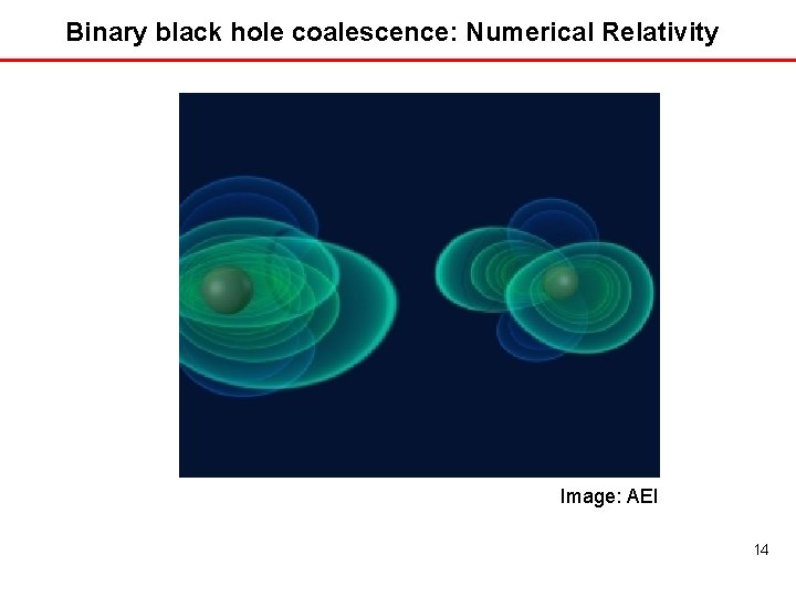 Binary black hole coalescence: Numerical Relativity Image: AEI 14 