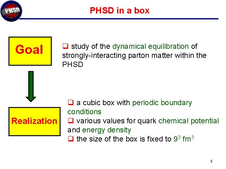PHSD in a box Goal Realization q study of the dynamical equilibration of strongly-interacting
