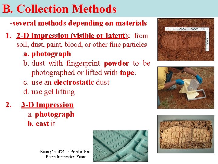 B. Collection Methods -several methods depending on materials 1. 2 -D Impression (visible or