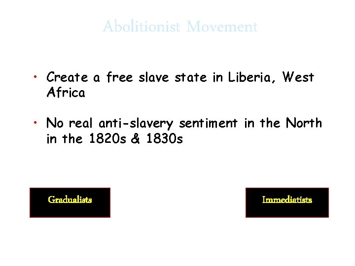 Abolitionist Movement • Create a free slave state in Liberia, West Africa • No