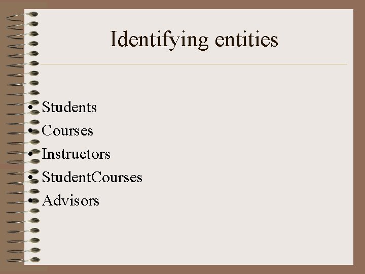 Identifying entities • • • Students Courses Instructors Student. Courses Advisors 