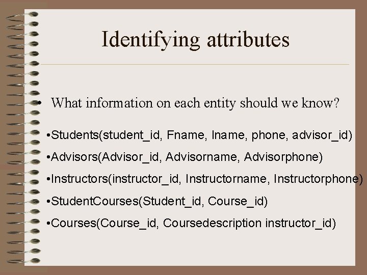 Identifying attributes • What information on each entity should we know? • Students(student_id, Fname,
