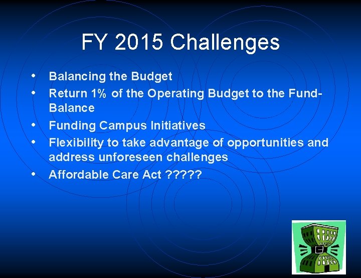 FY 2015 Challenges • Balancing the Budget • Return 1% of the Operating Budget