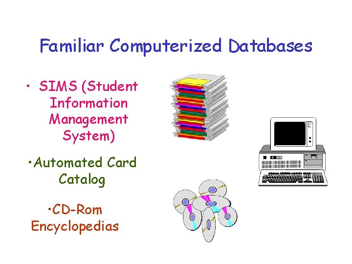 Familiar Computerized Databases • SIMS (Student Information Management System) • Automated Card Catalog • Familiar Computerized Databases • SIMS (Student Information Management System) • Automated Card Catalog •