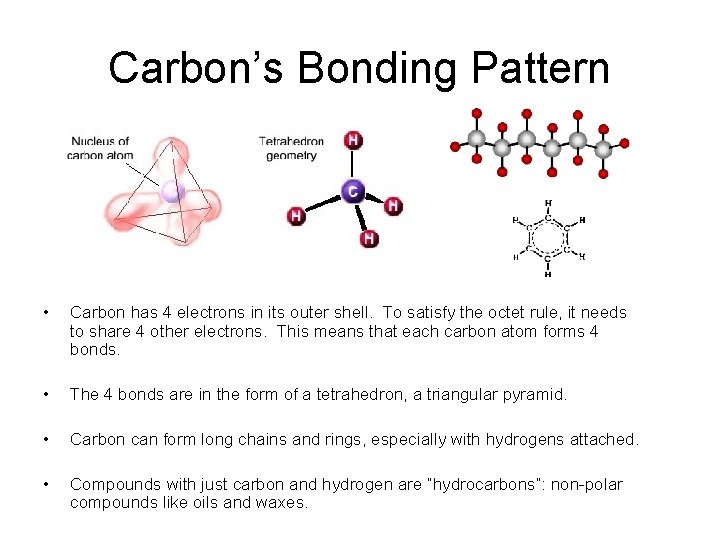Carbon’s Bonding Pattern • Carbon has 4 electrons in its outer shell. To satisfy