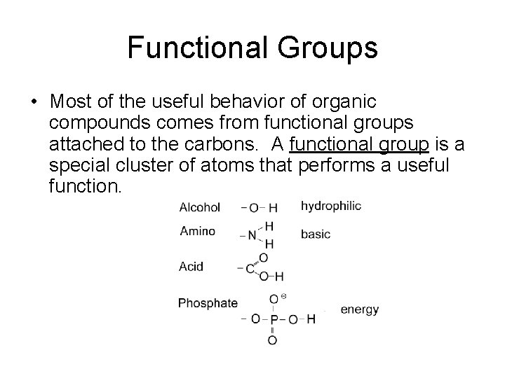 Functional Groups • Most of the useful behavior of organic compounds comes from functional