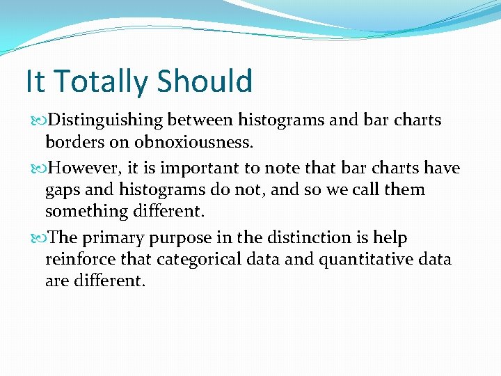 It Totally Should Distinguishing between histograms and bar charts borders on obnoxiousness. However, it It Totally Should Distinguishing between histograms and bar charts borders on obnoxiousness. However, it