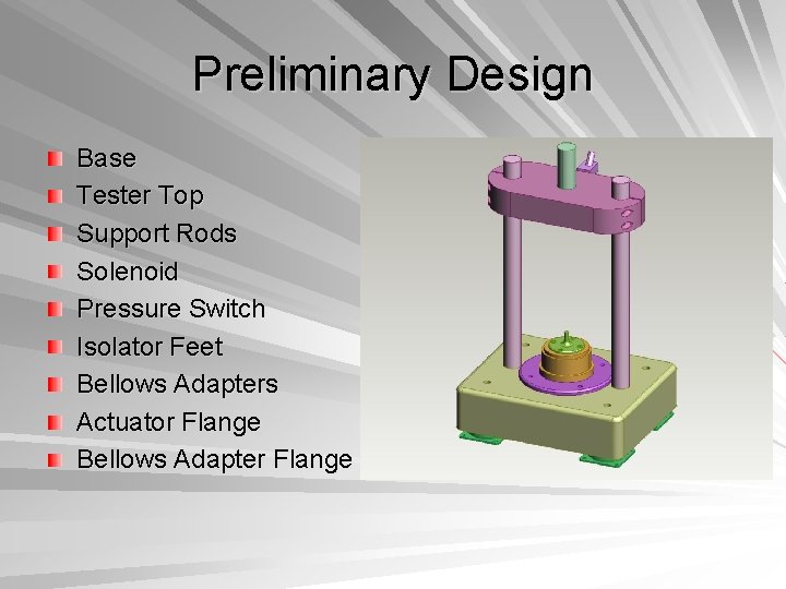 Preliminary Design Base Tester Top Support Rods Solenoid Pressure Switch Isolator Feet Bellows Adapters