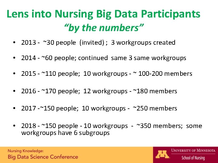 Lens into Nursing Big Data Participants “by the numbers” • 2013 - ~30 people
