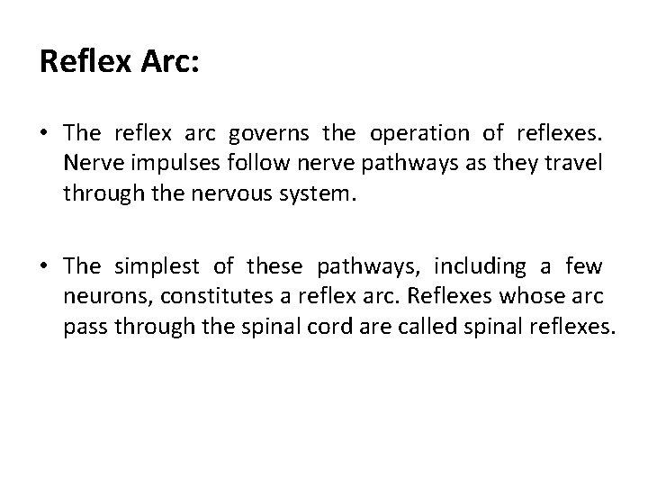 Reflex Arc: • The reflex arc governs the operation of reflexes. Nerve impulses follow