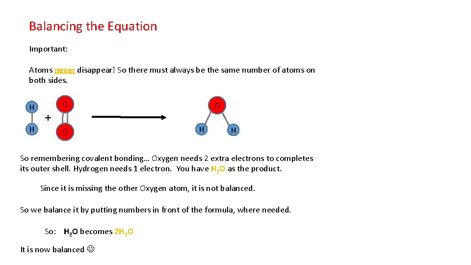Balancing the Equation Important: Atoms never disappear! So there must always be the same
