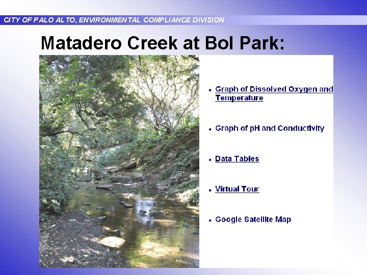 CITY OF PALO ALTO, ENVIRONMENTAL COMPLIANCE DIVISION Matadero Creek at Bol Park: 