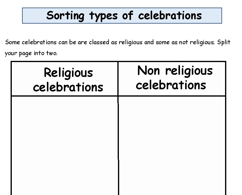 Sorting types of celebrations Some celebrations can be are classed as religious and some