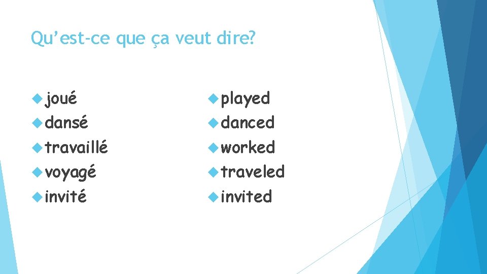 Qu’est-ce que ça veut dire? joué played dansé danced travaillé worked voyagé traveled invité