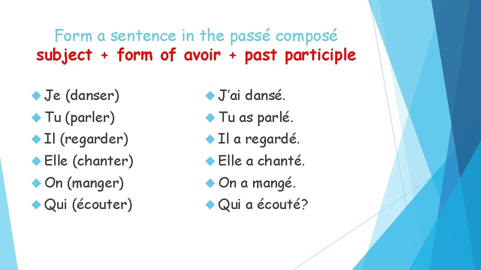 Form a sentence in the passé composé subject + form of avoir + past