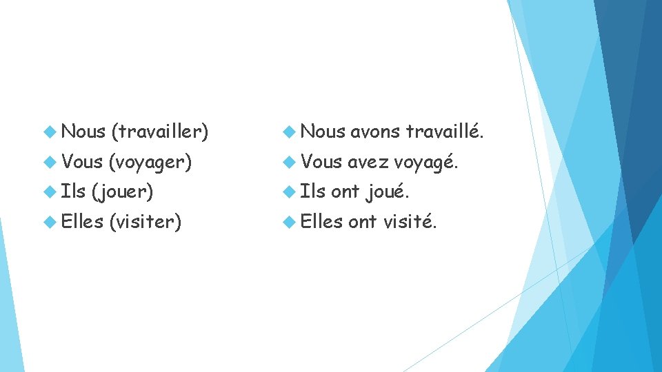  Nous (travailler) Nous avons travaillé. Vous (voyager) Vous avez voyagé. Ils (jouer) Elles