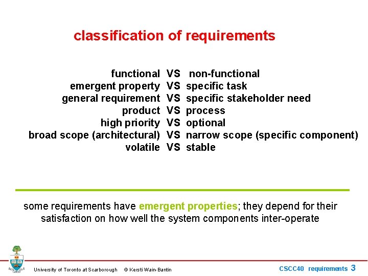 classification of requirements functional emergent property general requirement product high priority broad scope (architectural)