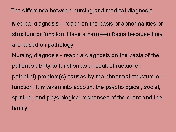 The difference between nursing and medical diagnosis Medical diagnosis – reach on the basis