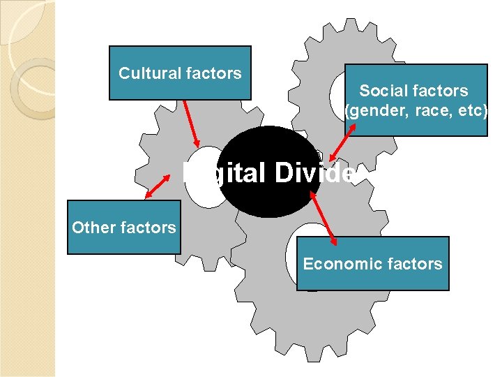 Cultural factors Social factors (gender, race, etc) Digital Divide Other factors Economic factors 