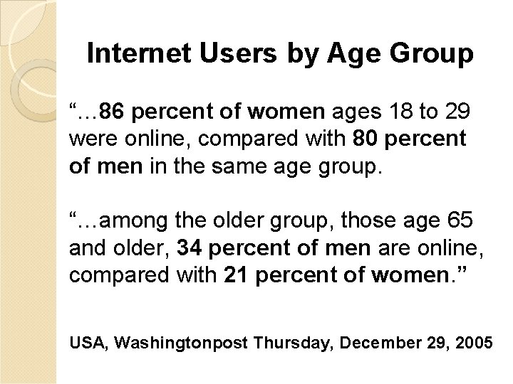 Internet Users by Age Group “… 86 percent of women ages 18 to 29