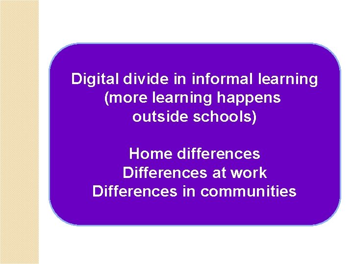 Digital divide in informal learning (more learning happens outside schools) Home differences Differences at