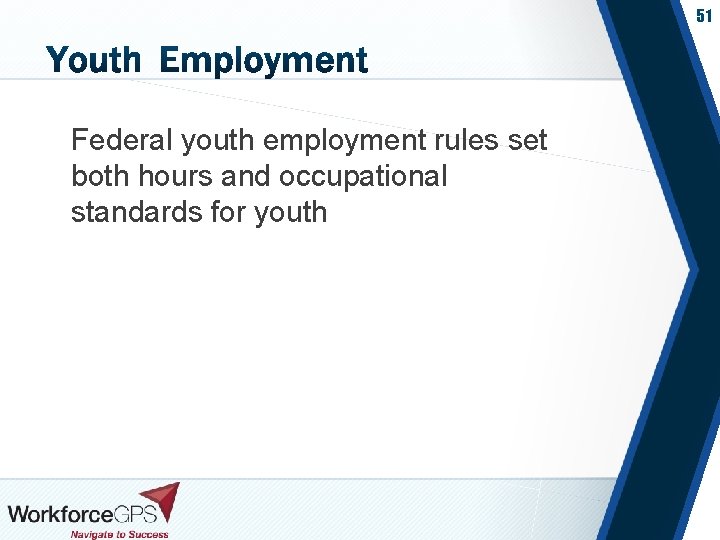 51 Federal youth employment rules set both hours and occupational standards for youth 