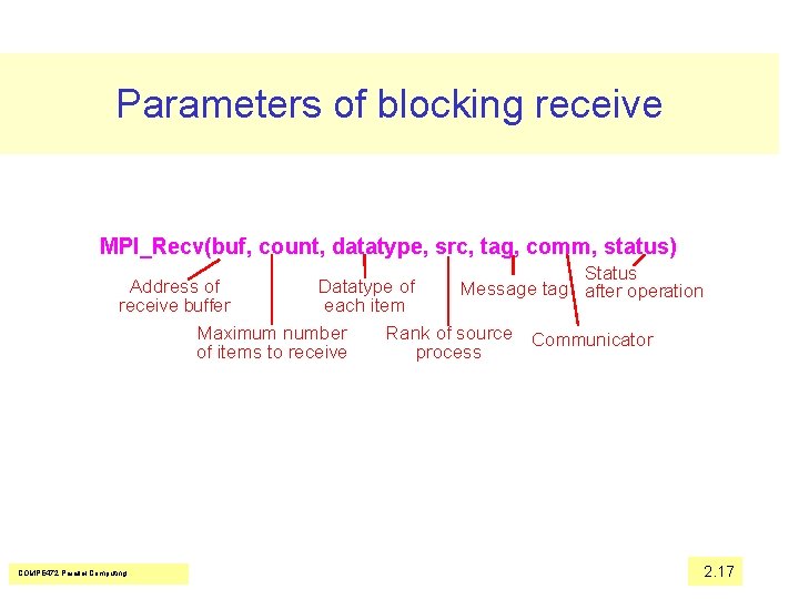 Parameters of blocking receive MPI_Recv(buf, count, datatype, src, tag, comm, status) Status Message tag