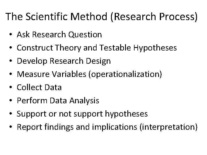 The Scientific Method (Research Process) • • Ask Research Question Construct Theory and Testable