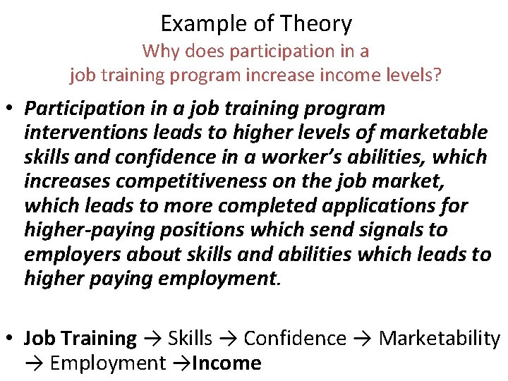 Example of Theory Why does participation in a job training program increase income levels?