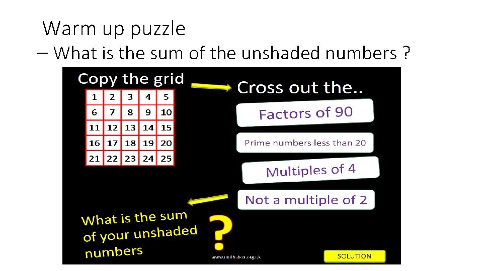 Warm up puzzle – What is the sum of the unshaded numbers ? 