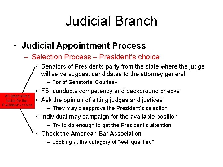 Judicial Branch • Judicial Appointment Process – Selection Process – President’s choice • Senators