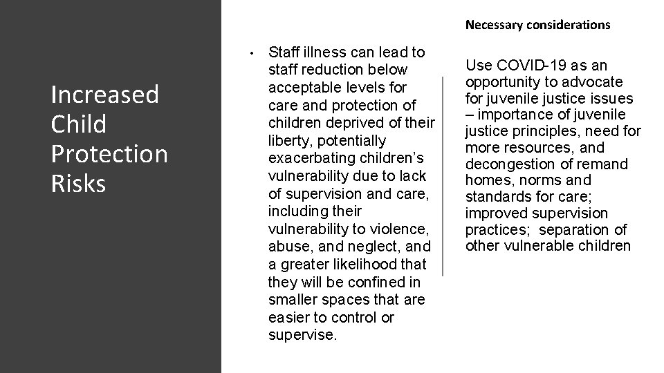 Necessary considerations • Increased Child Protection Risks Staff illness can lead to staff reduction