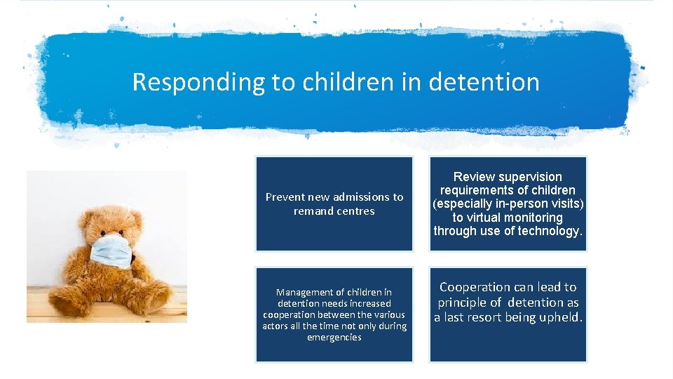 Responding to children in detention Prevent new admissions to remand centres Management of children