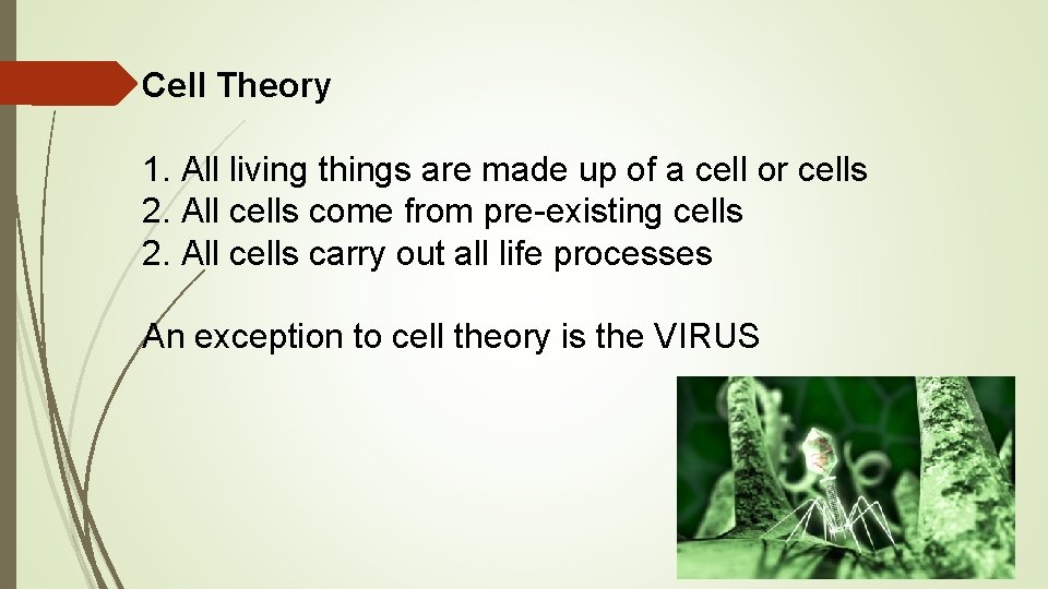 Cell Theory 1. All living things are made up of a cell or cells