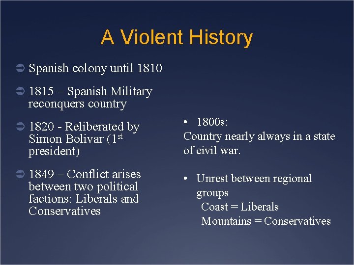 A Violent History Ü Spanish colony until 1810 Ü 1815 – Spanish Military reconquers