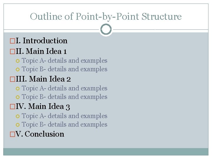 Outline of Point-by-Point Structure �I. Introduction �II. Main Idea 1 Topic A- details and