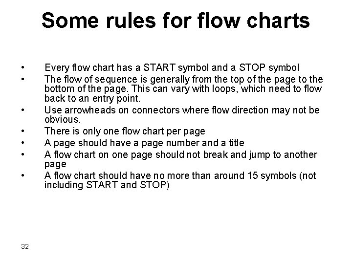 Some rules for flow charts • • 32 Every flow chart has a START Some rules for flow charts • • 32 Every flow chart has a START