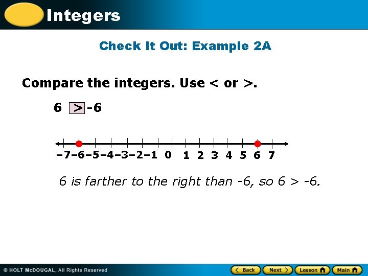 Integers Check It Out: Example 2 A Compare the integers. Use < or >.