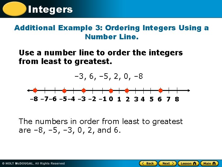 Integers Additional Example 3: Ordering Integers Using a Number Line. Use a number line