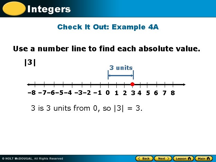 Integers Check It Out: Example 4 A Use a number line to find each